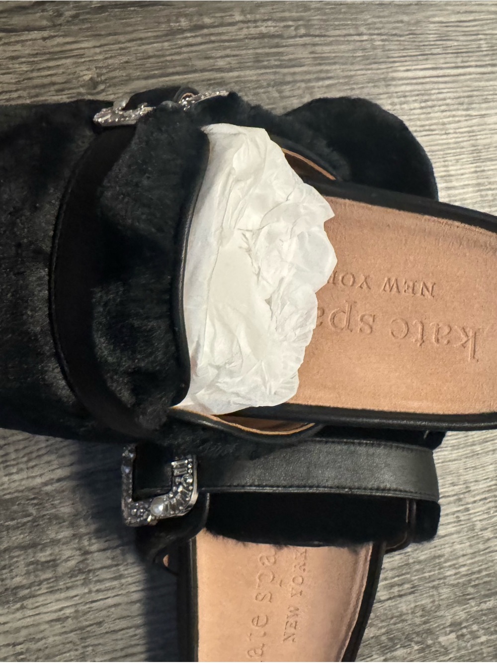 kate spade Black Faux-Fur Slide Mules with Jeweled Buckle